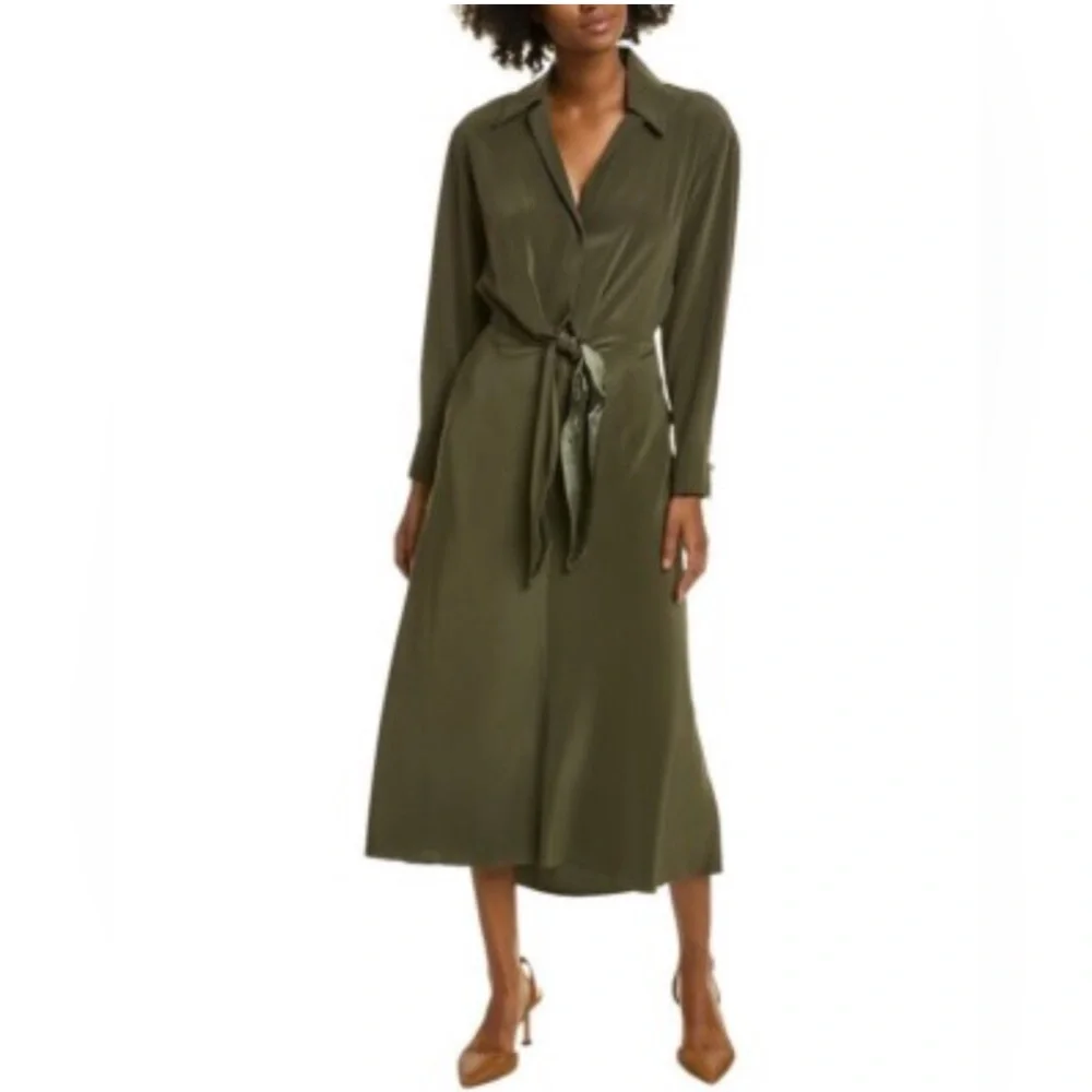 Vince Olive Green Tie-Front Maxi Dress SZ XL v-neck luxurious designer NWT - Picture 3 of 15